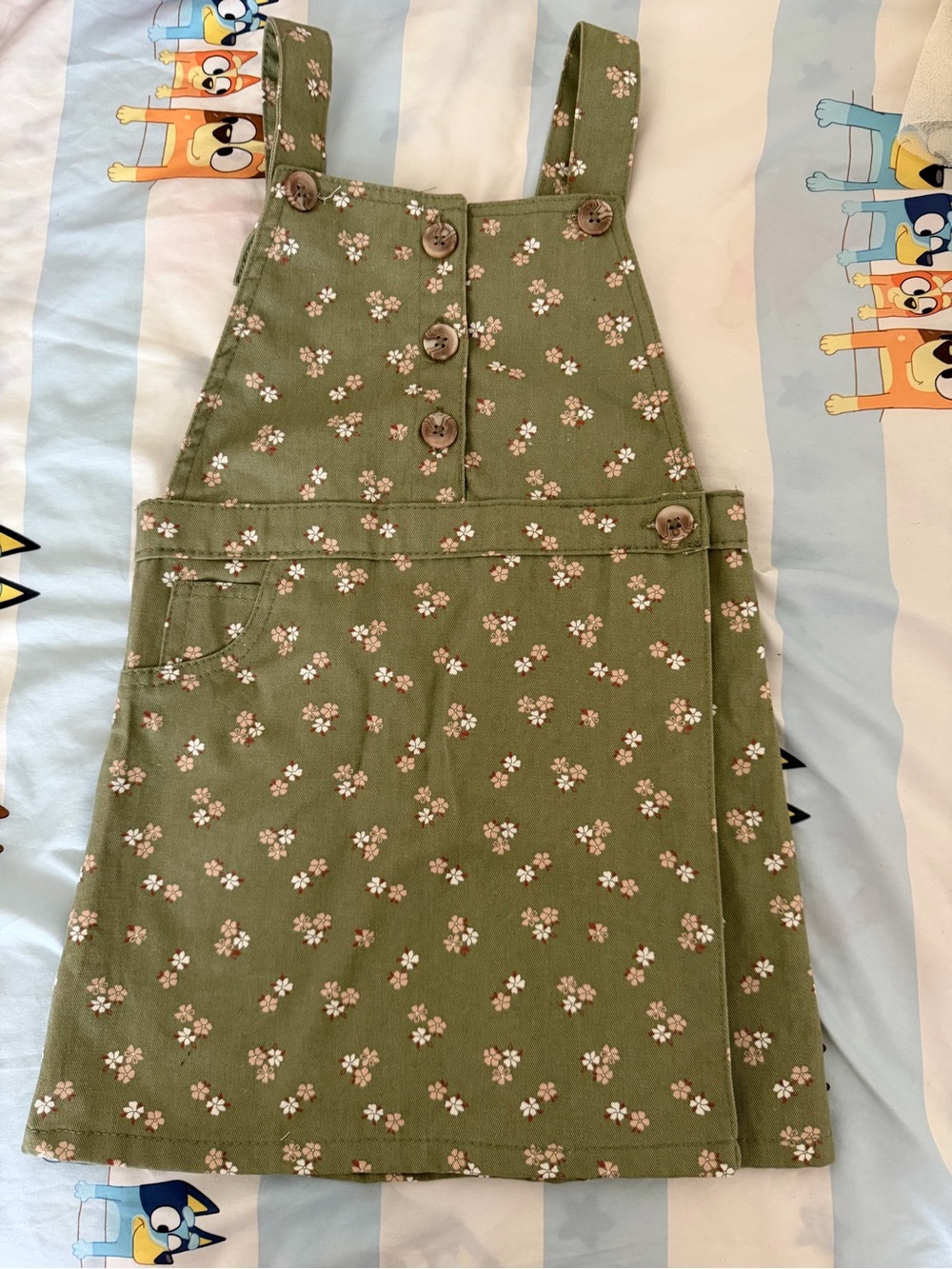 Kids Floral Overall Dress - Olive Green